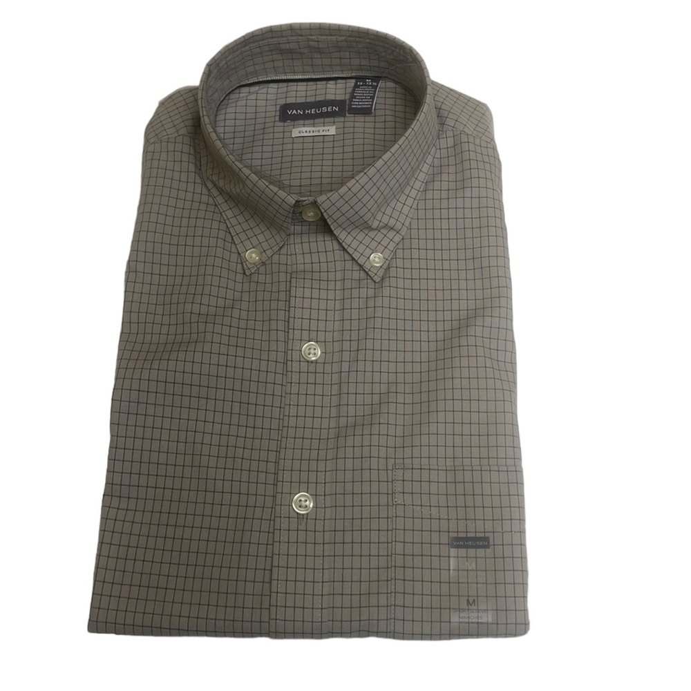 New Short Sleeve Tan Check Button Down Collar Size Medium 15 - 15.5 Classic Fit